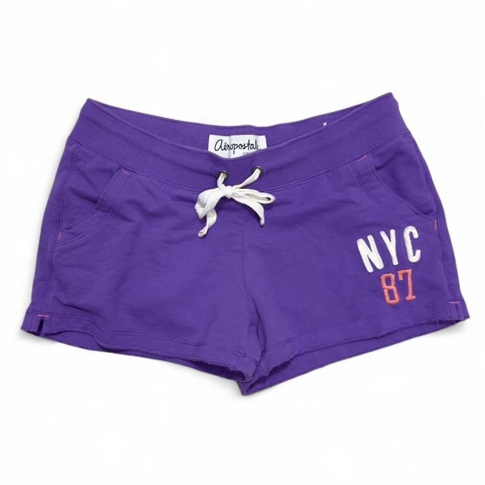 Y2K Aeropostale Purple Mini Shorts Womens Medium Sweat Loungewear NYC‎ 87 Logo